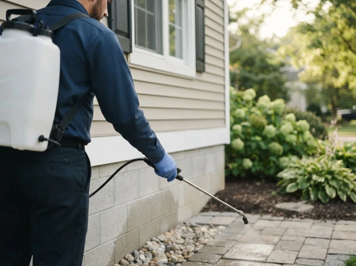 Pest control technician inspecting a home in Caney, OK